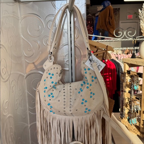 Elegant Cream and Blue Fringed Shoulder Bag - Picture 3 of 3